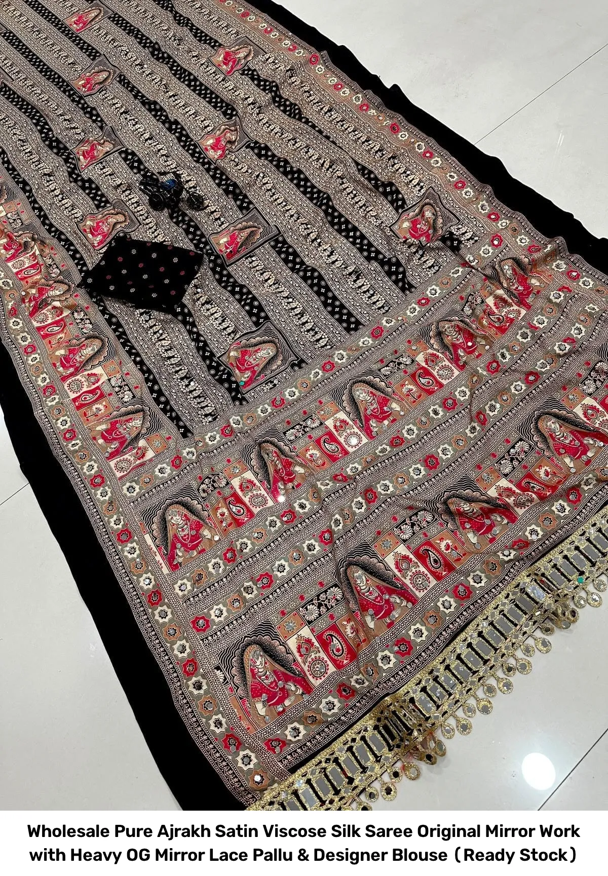 Wholesale Pure Ajrakh Satin Viscose Silk Saree – Original Mirror Work with Heavy OG Mirror Lace Pallu & Designer Blouse (Ready Stock) 8