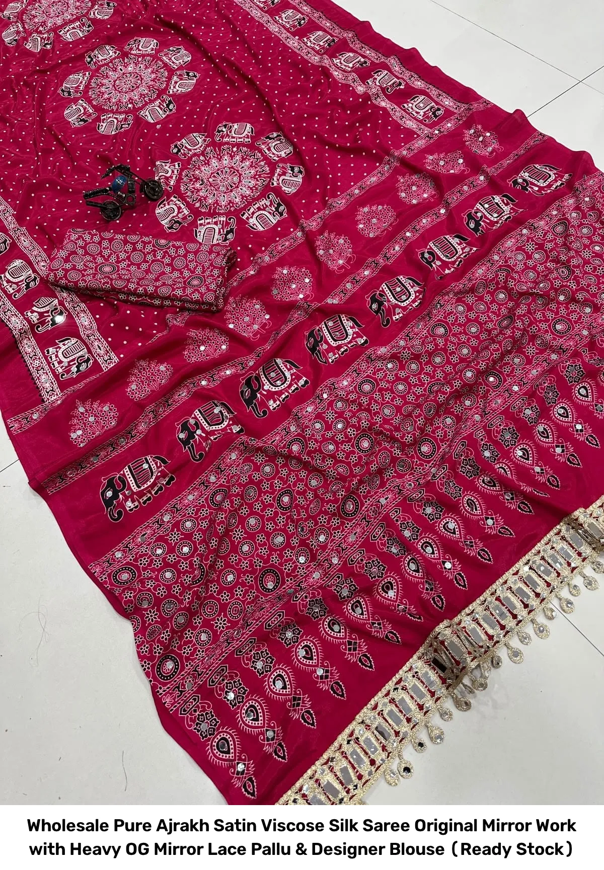 Wholesale Pure Ajrakh Satin Viscose Silk Saree – Original Mirror Work with Heavy OG Mirror Lace Pallu & Designer Blouse (Ready Stock) 9