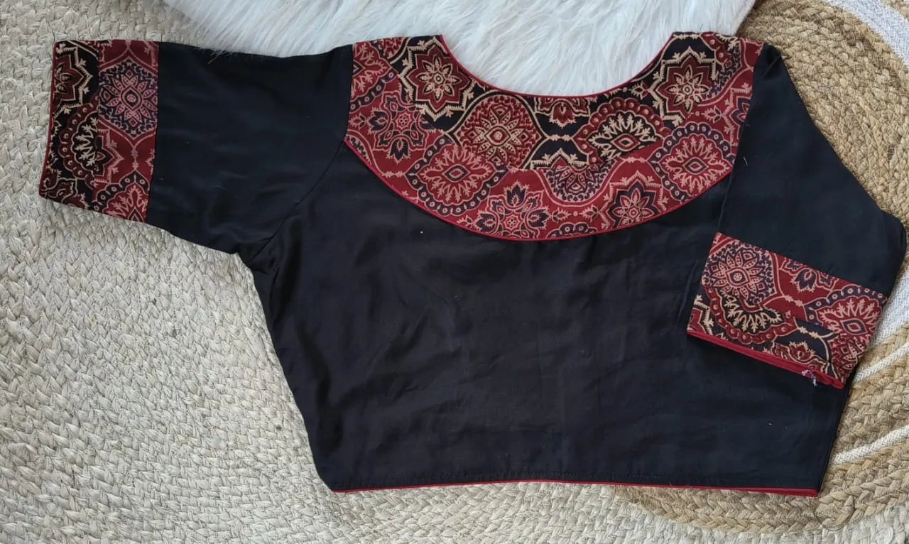 Wholesale Pure Cotton Ajrakh Patchwork Saree Blouse | Front Hook Non-Padded (Free Size 32 to 44)