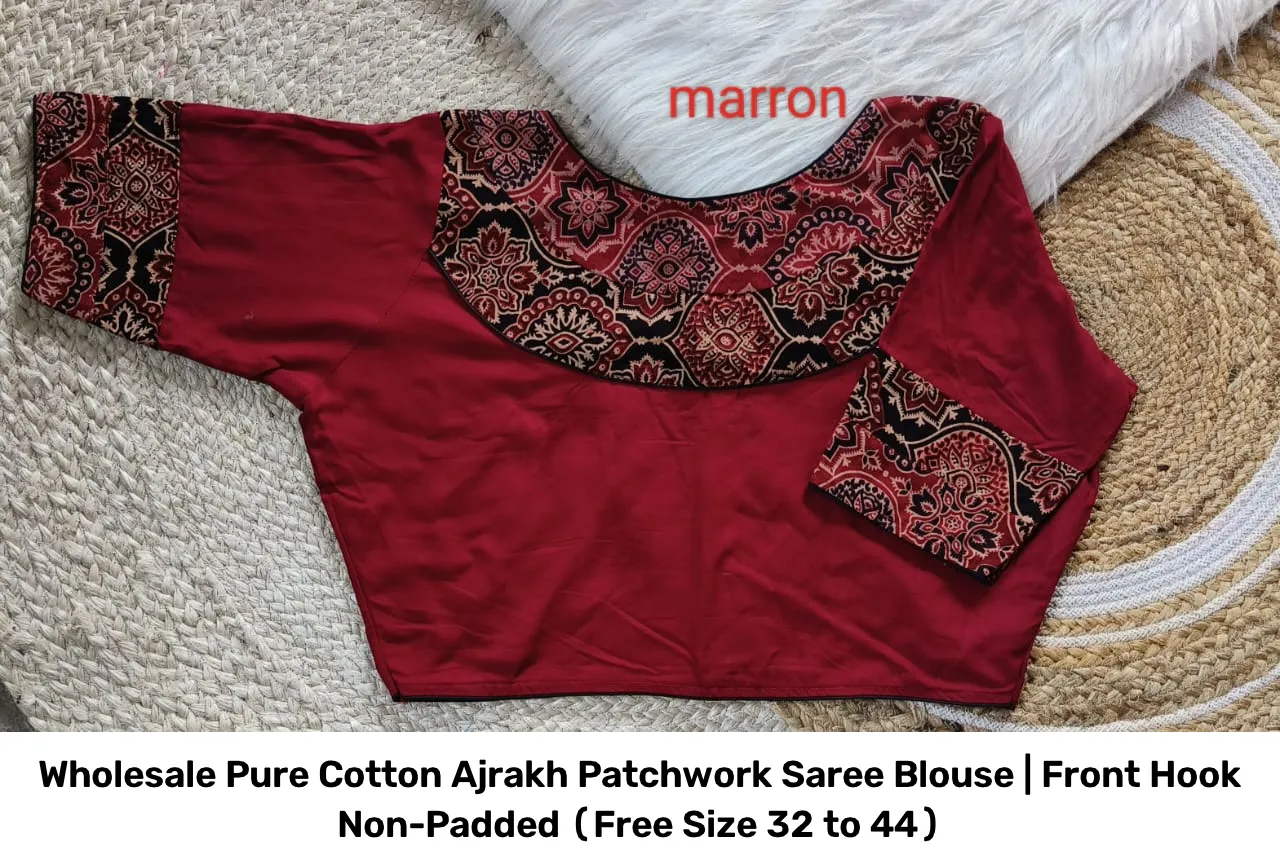 Wholesale Pure Cotton Ajrakh Patchwork Saree Blouse | Front Hook Non-Padded (Free Size 32 to 44) 2