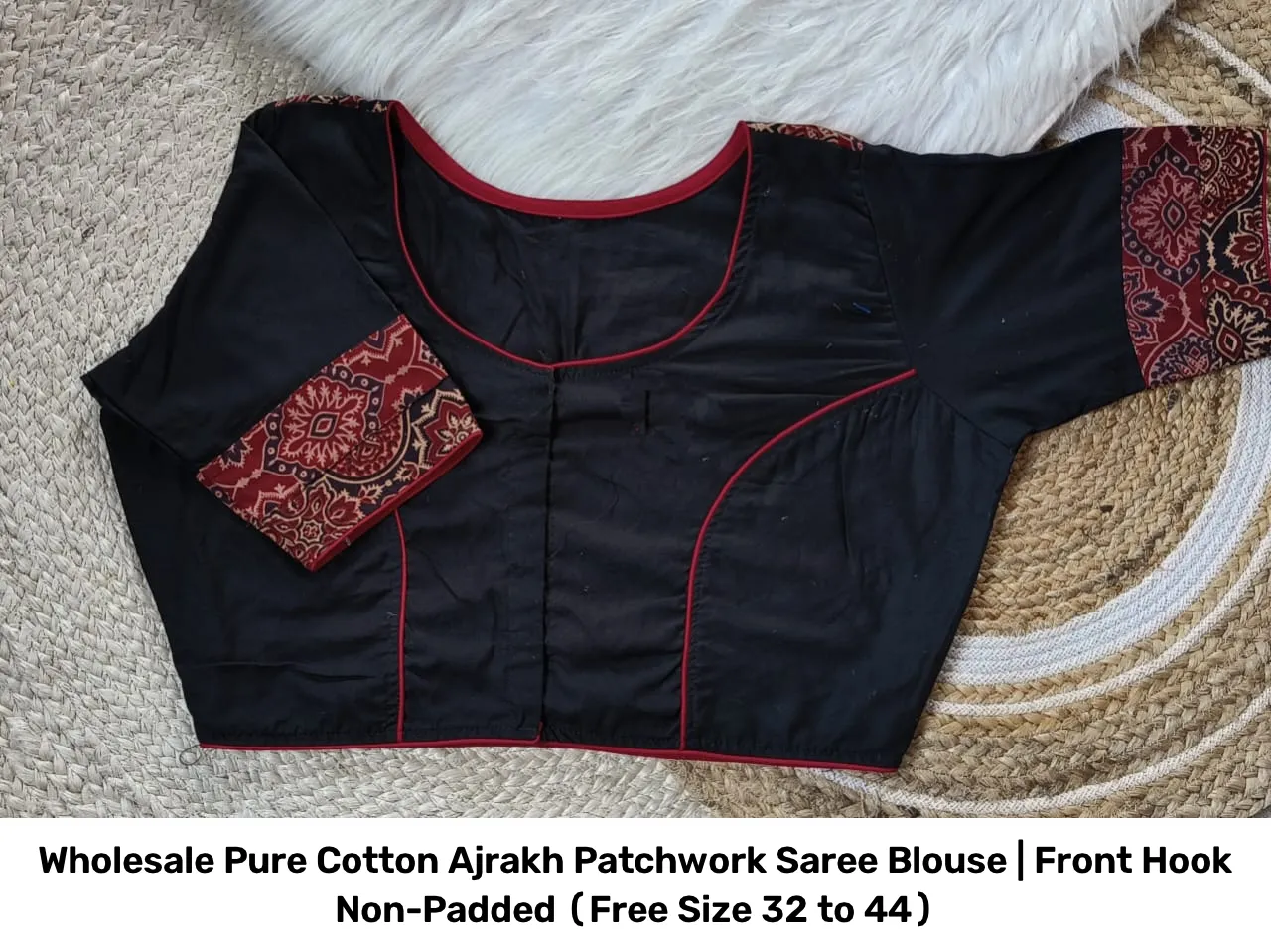 Wholesale Pure Cotton Ajrakh Patchwork Saree Blouse | Front Hook Non-Padded (Free Size 32 to 44) 3