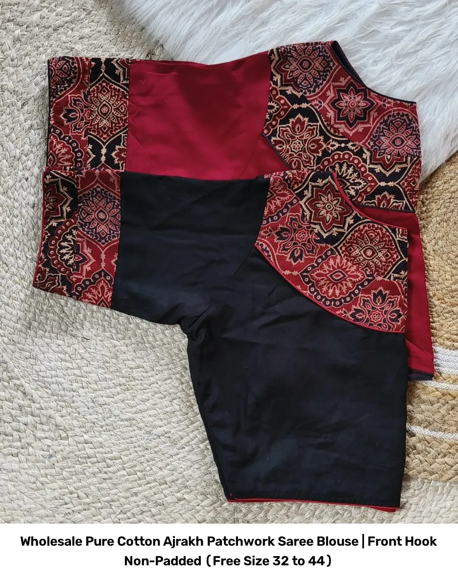 Wholesale Pure Cotton Ajrakh Patchwork Saree Blouse | Front Hook Non-Padded (Free Size 32 to 44) 4