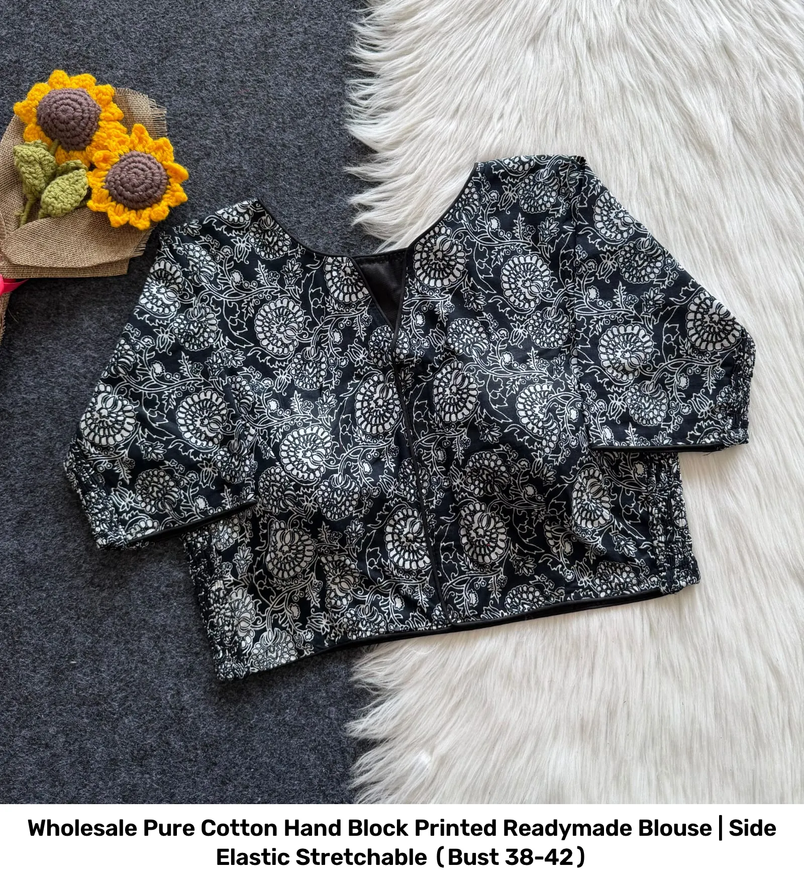 Wholesale Pure Cotton Hand Block Printed Readymade Blouse | Side Elastic Stretchable (Bust 38-42) 2