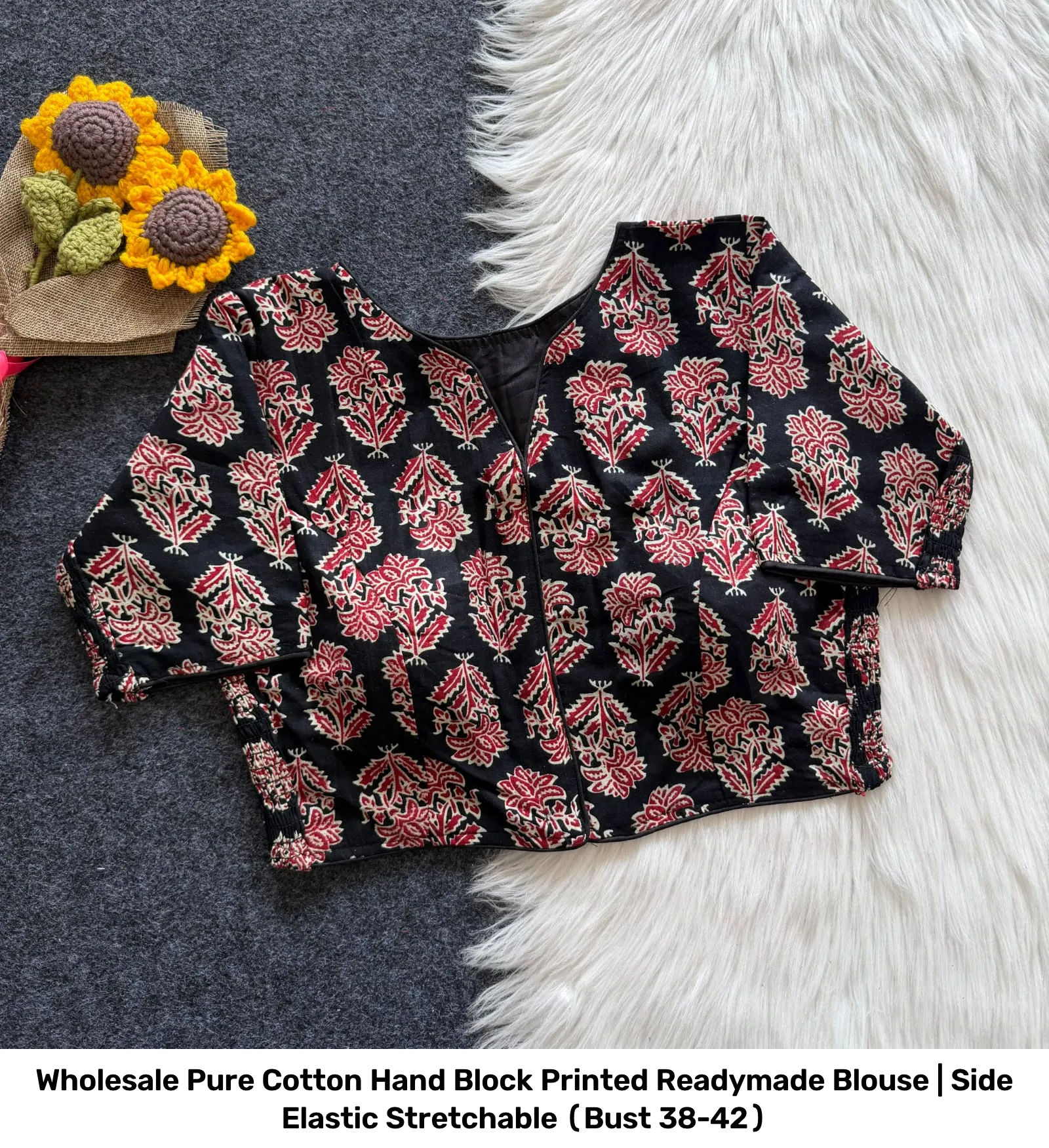 Wholesale Pure Cotton Hand Block Printed Readymade Blouse | Side Elastic Stretchable (Bust 38-42) 3