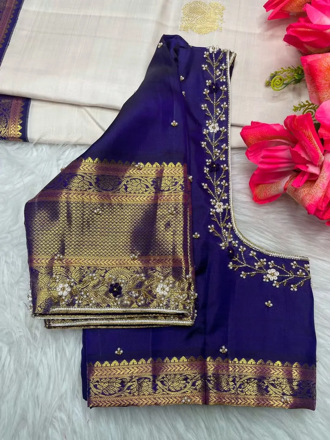 Wholesale Royal Blue Aari Handwork Blouse with Bead Latkan