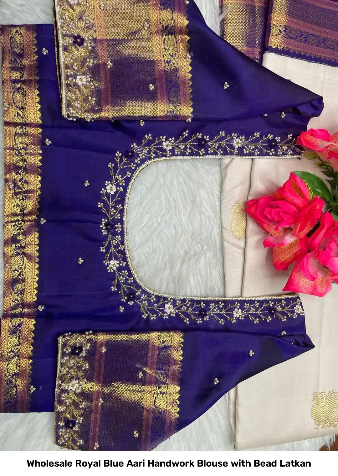 Wholesale Royal Blue Aari Handwork Blouse with Bead Latkan 2
