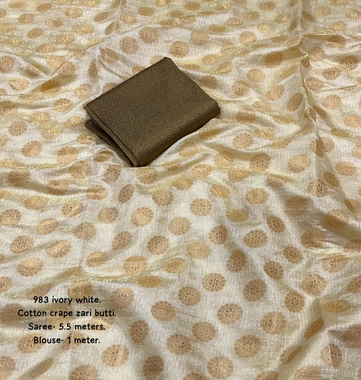 Wholesale Soft Cotton Crepe Butti Saree with Contrast Blouse | Zari Woven Ivory White Saree with Pallu Tassels (5.5M + 1M)