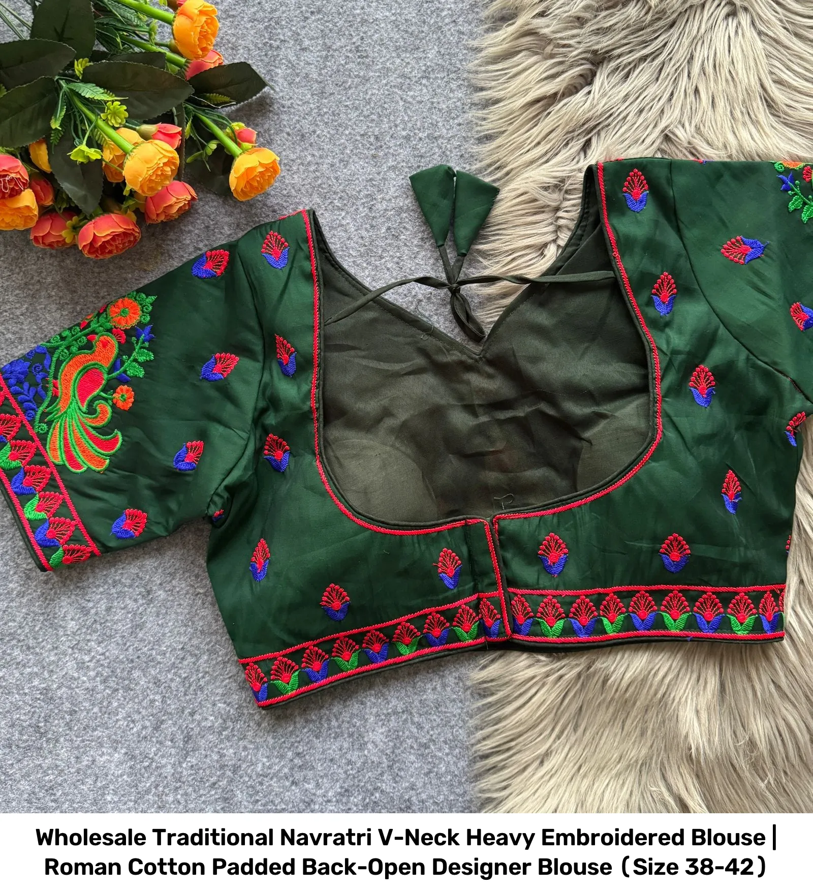 Wholesale Traditional Navratri V-Neck Heavy Embroidered Blouse | Roman Cotton Padded Back-Open Designer Blouse (Size 38-42) 10