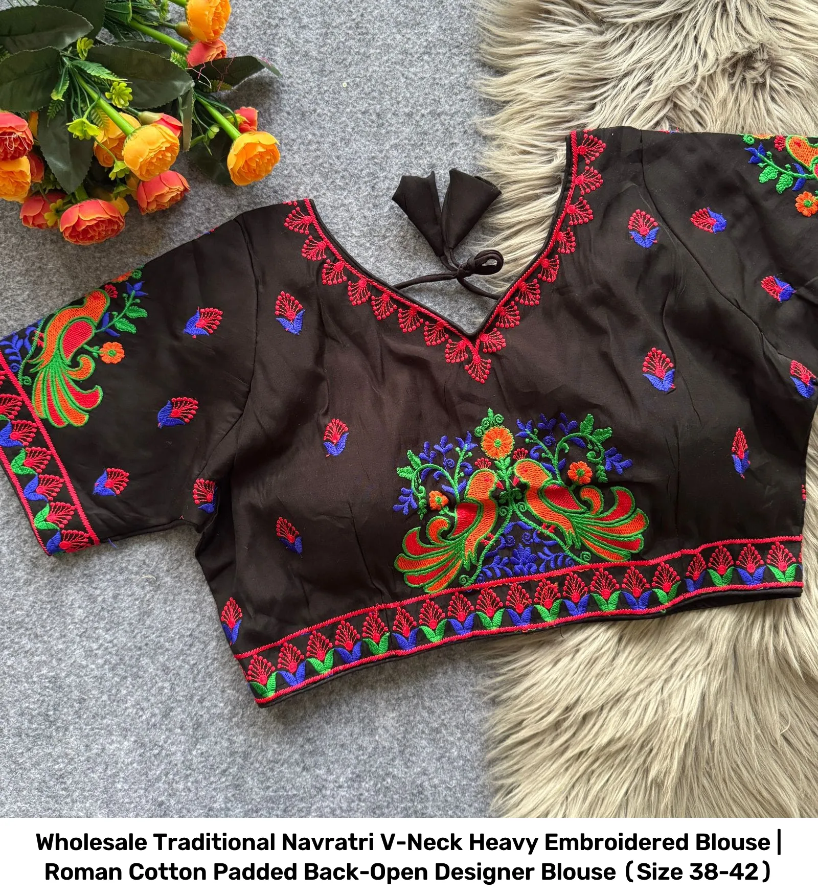Wholesale Traditional Navratri V-Neck Heavy Embroidered Blouse | Roman Cotton Padded Back-Open Designer Blouse (Size 38-42) 11