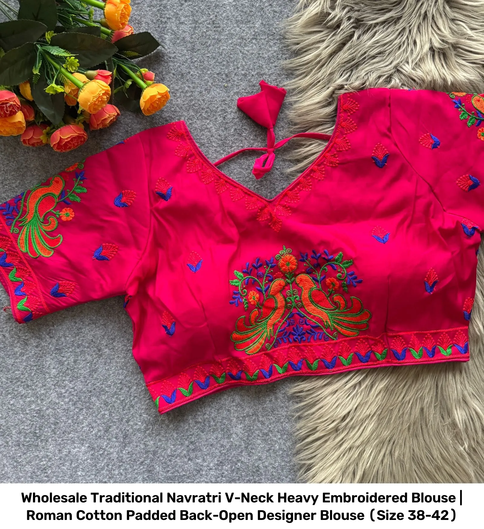 Wholesale Traditional Navratri V-Neck Heavy Embroidered Blouse | Roman Cotton Padded Back-Open Designer Blouse (Size 38-42) 2