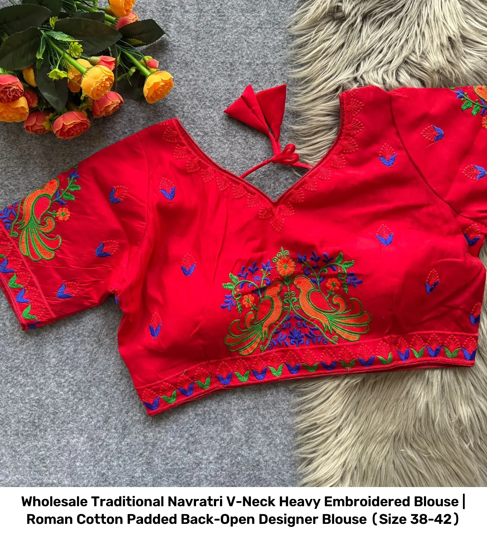 Wholesale Traditional Navratri V-Neck Heavy Embroidered Blouse | Roman Cotton Padded Back-Open Designer Blouse (Size 38-42) 3