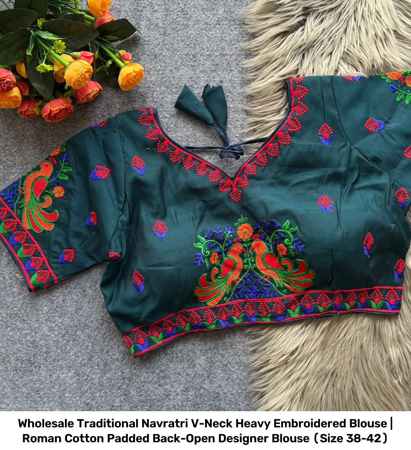 Wholesale Traditional Navratri V-Neck Heavy Embroidered Blouse | Roman Cotton Padded Back-Open Designer Blouse (Size 38-42) 4