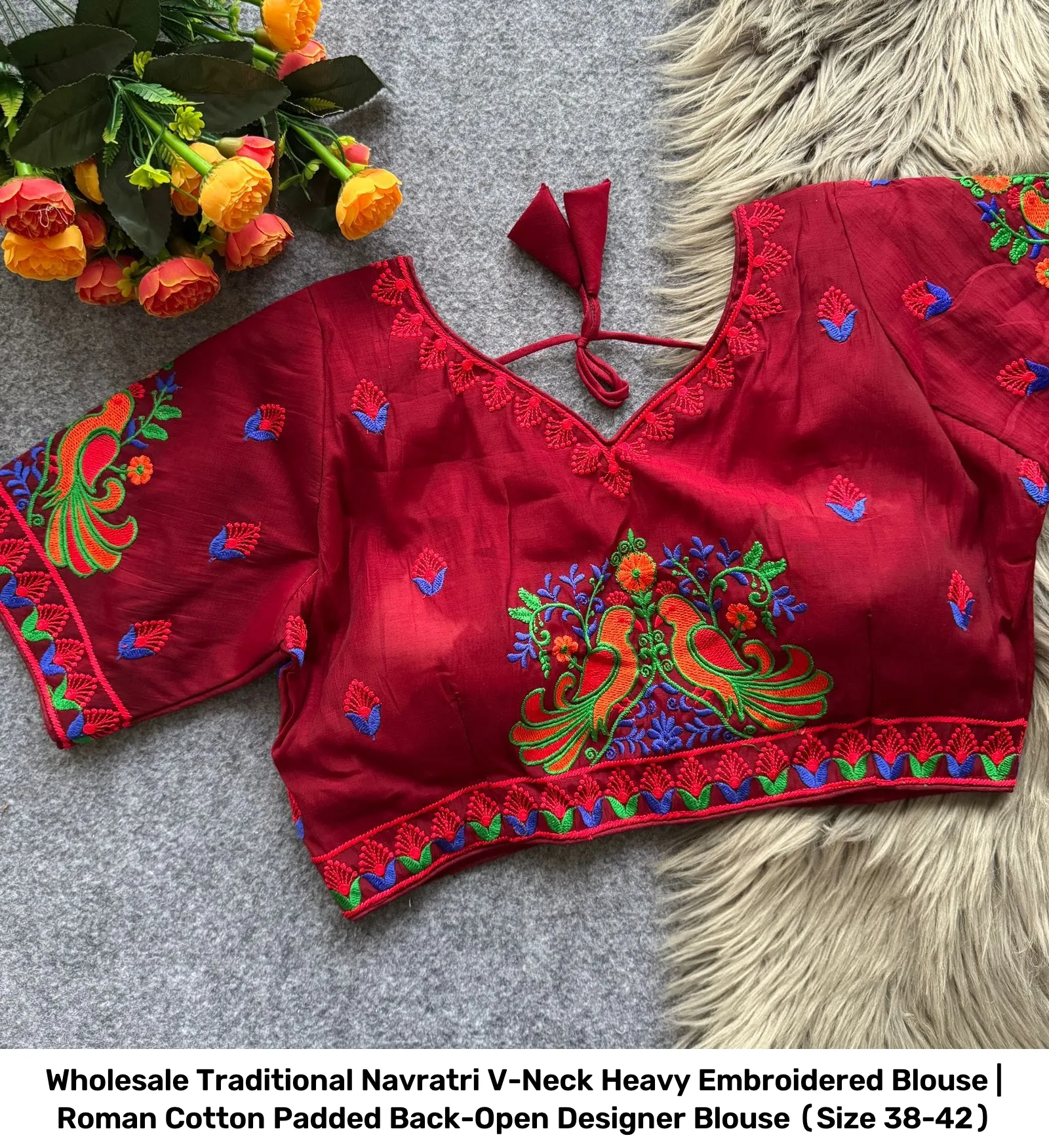 Wholesale Traditional Navratri V-Neck Heavy Embroidered Blouse | Roman Cotton Padded Back-Open Designer Blouse (Size 38-42) 5