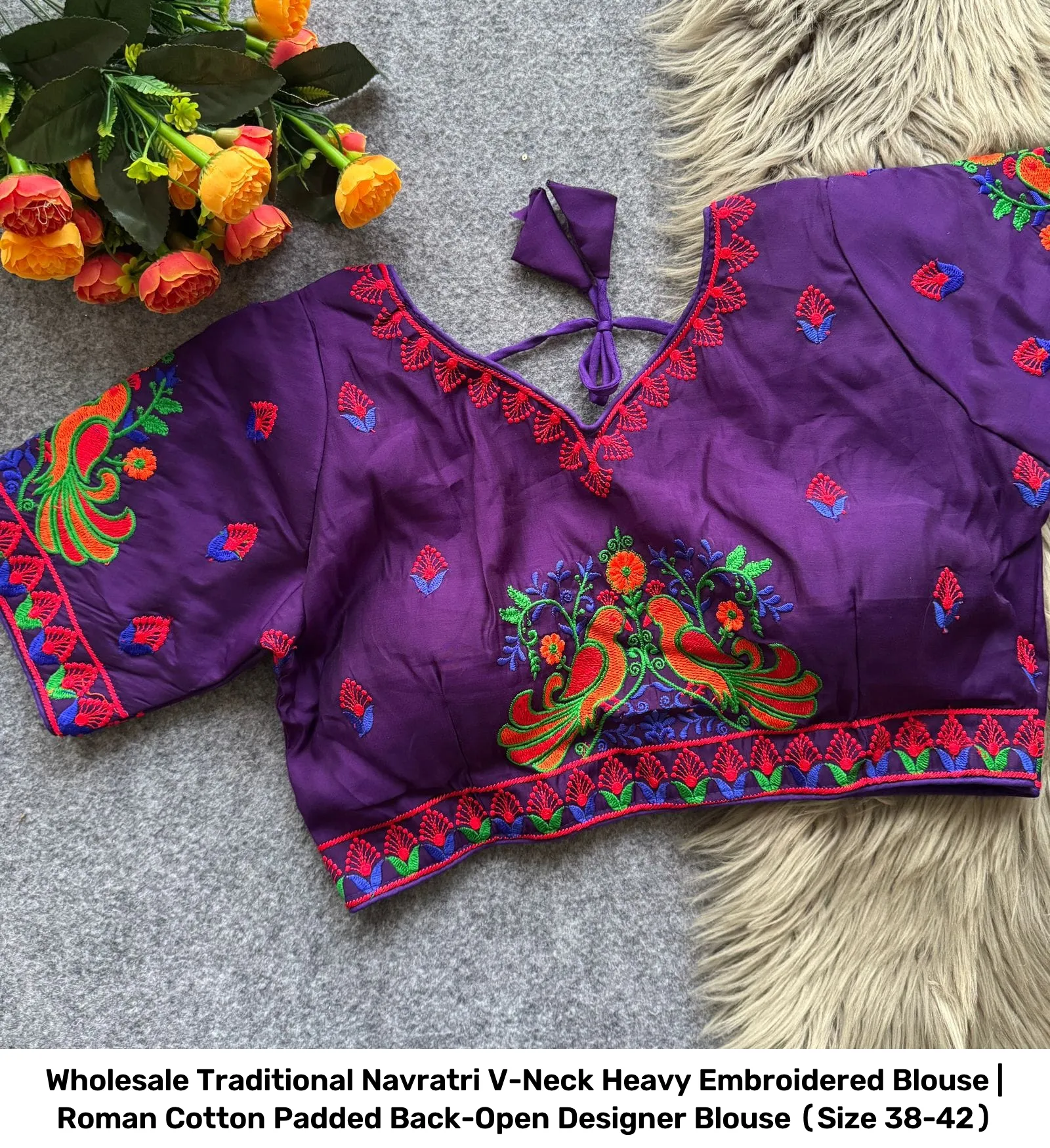 Wholesale Traditional Navratri V-Neck Heavy Embroidered Blouse | Roman Cotton Padded Back-Open Designer Blouse (Size 38-42) 6