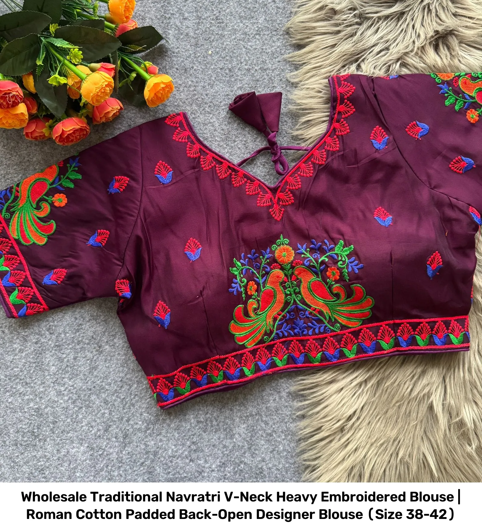 Wholesale Traditional Navratri V-Neck Heavy Embroidered Blouse | Roman Cotton Padded Back-Open Designer Blouse (Size 38-42) 7
