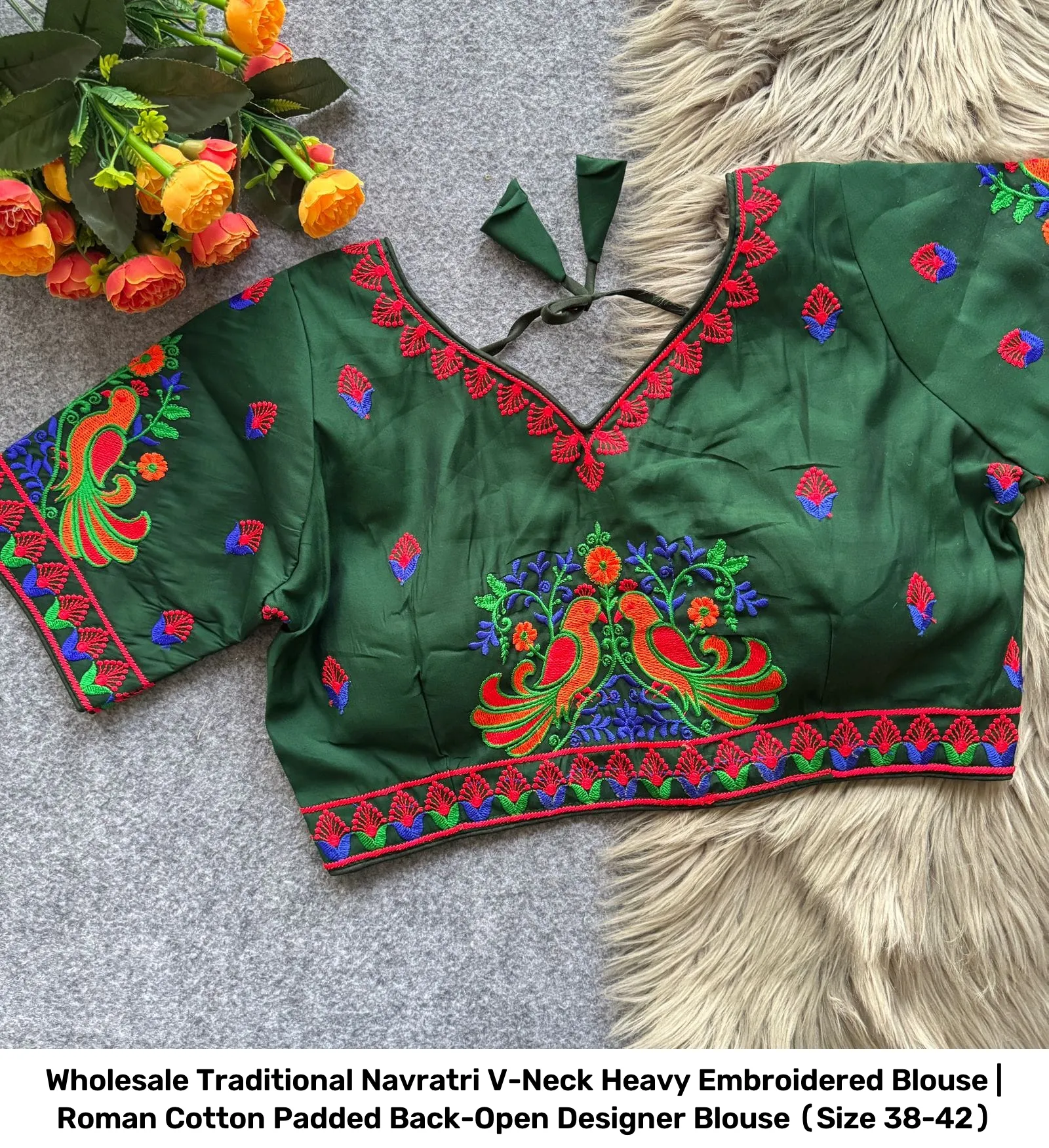 Wholesale Traditional Navratri V-Neck Heavy Embroidered Blouse | Roman Cotton Padded Back-Open Designer Blouse (Size 38-42) 8