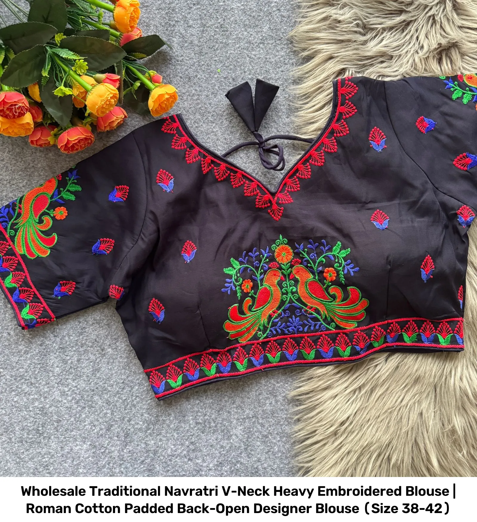 Wholesale Traditional Navratri V-Neck Heavy Embroidered Blouse | Roman Cotton Padded Back-Open Designer Blouse (Size 38-42) 9