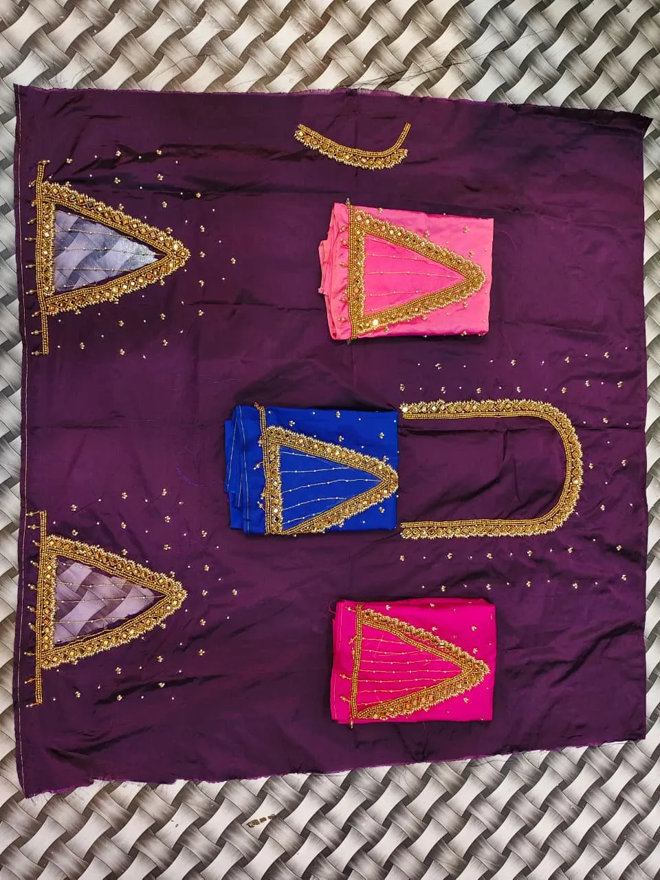 Wholesale Triangle Cutwork Sleeve Aari Work Blouse Piece – Deep Purple Silk Maggam Embroidery