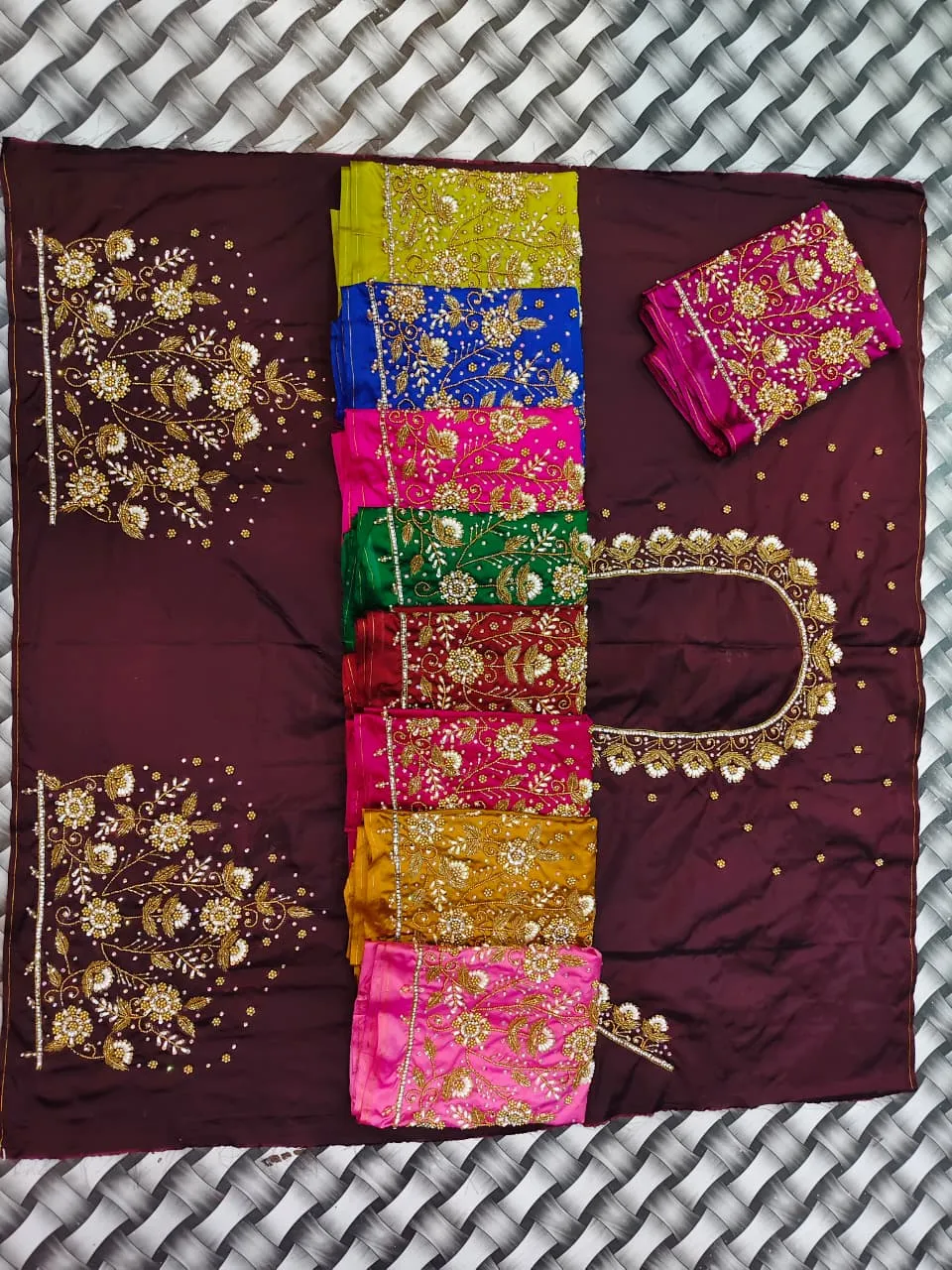 Wholesale Wine Aari Work Blouse Piece – Floral Handwork