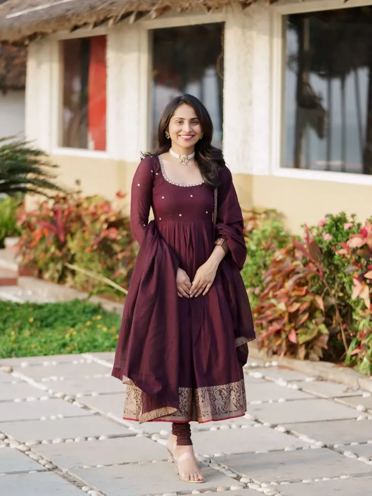 Wine Embroidered Anarkali Suit Set with Woven Zari Border & Dupatta