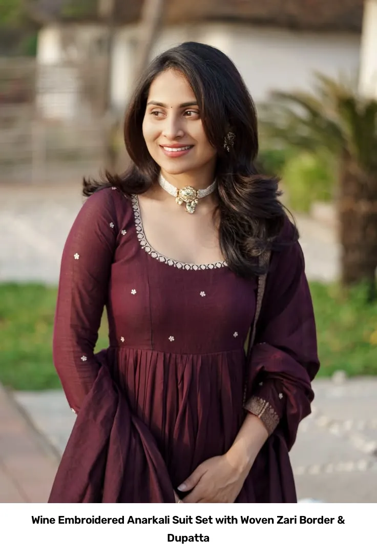Wine Embroidered Anarkali Suit Set with Woven Zari Border & Dupatta 2