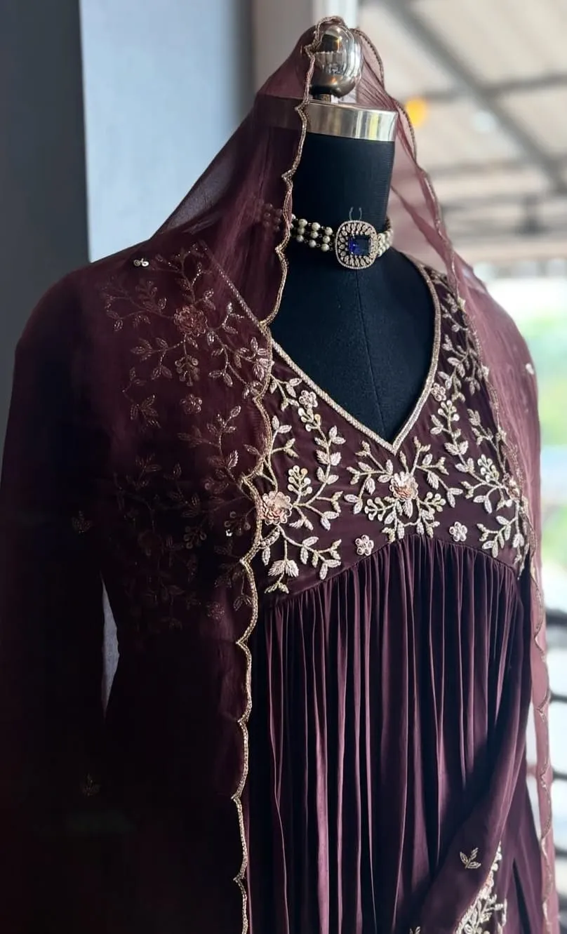 Wine Georgette Pleated Anarkali Suit Set | Handcrafted Floral Zardozi Bodice Gown with Scallop Dupatta