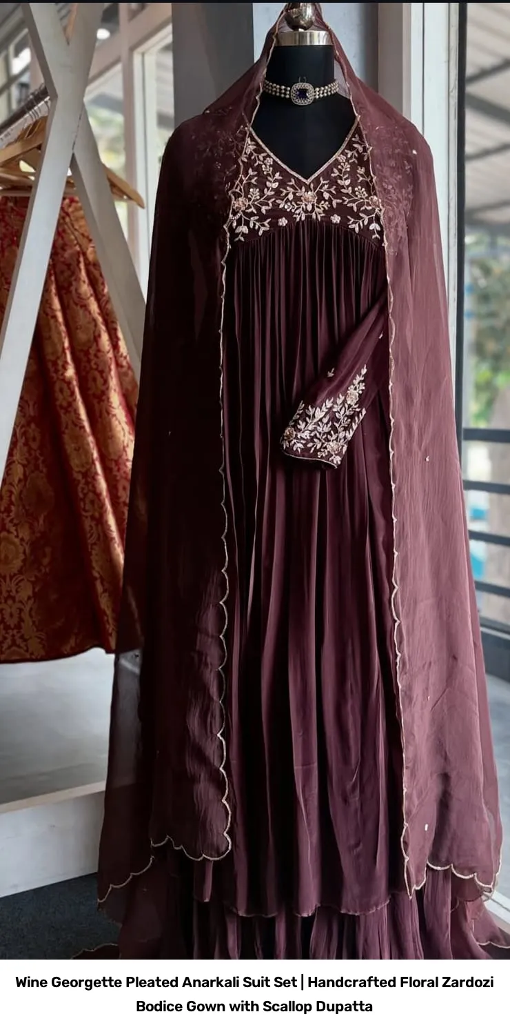 Wine Georgette Pleated Anarkali Suit Set | Handcrafted Floral Zardozi Bodice Gown with Scallop Dupatta 2