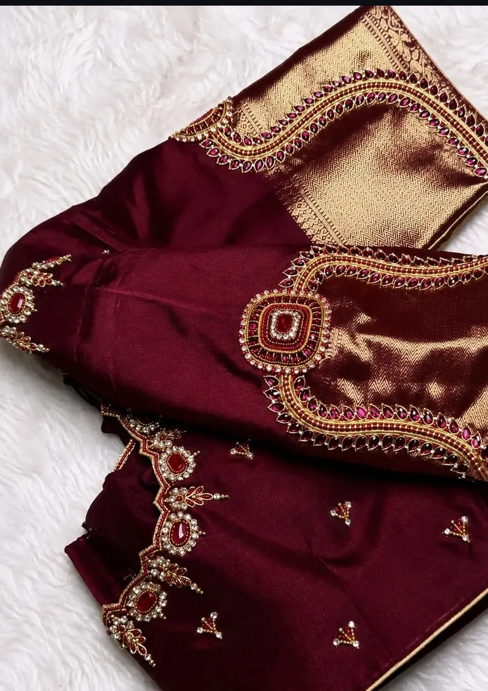Wine Maroon Silk Maggam Work Blouse | Ruby Kemp Stone & Zari Border Bridal Saree Blouse