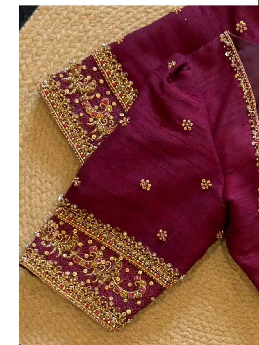Wine Maroon Silk Maggam Work Blouse with Brocade Front & Heavy Cutdana Border Sleeves