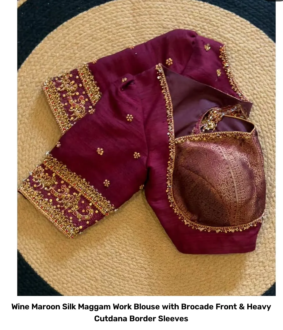Wine Maroon Silk Maggam Work Blouse with Brocade Front & Heavy Cutdana Border Sleeves 2