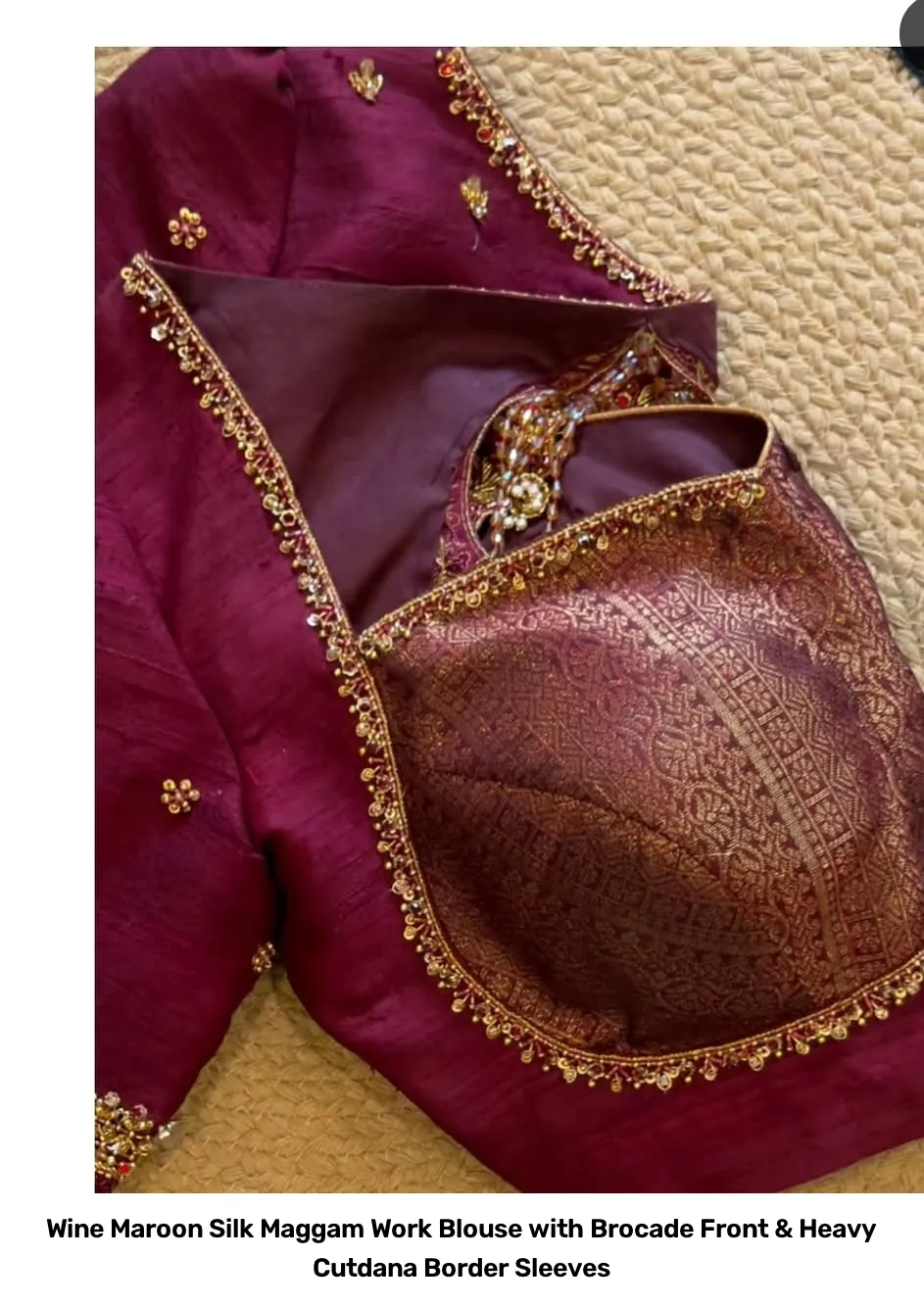 Wine Maroon Silk Maggam Work Blouse with Brocade Front & Heavy Cutdana Border Sleeves 3