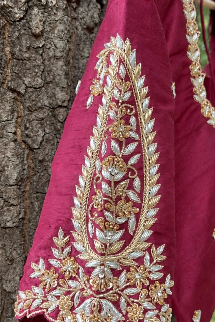 Wine Pink Raw Silk Maggam Work Blouse with Asymmetric Neck & Silver-Gold Zardosi Paisley Sleeves