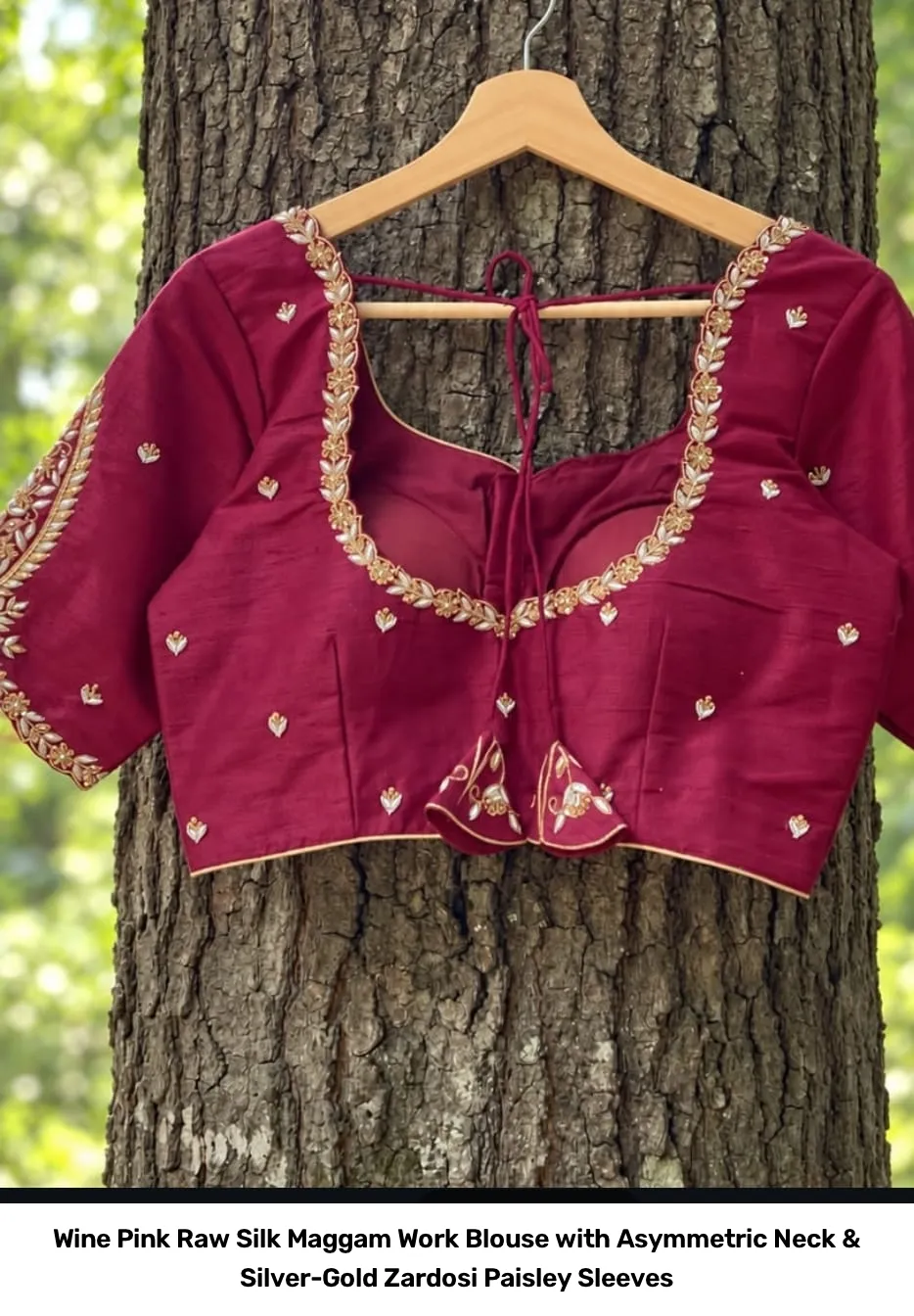 Wine Pink Raw Silk Maggam Work Blouse with Asymmetric Neck & Silver-Gold Zardosi Paisley Sleeves 2