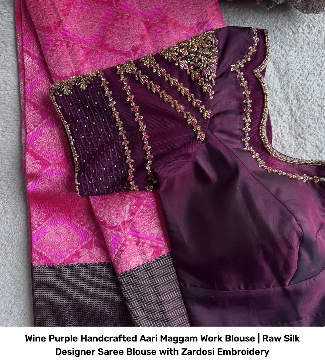 Wine Purple Handcrafted Aari Maggam Work Blouse | Raw Silk Designer Saree Blouse with Zardosi Embroidery 2