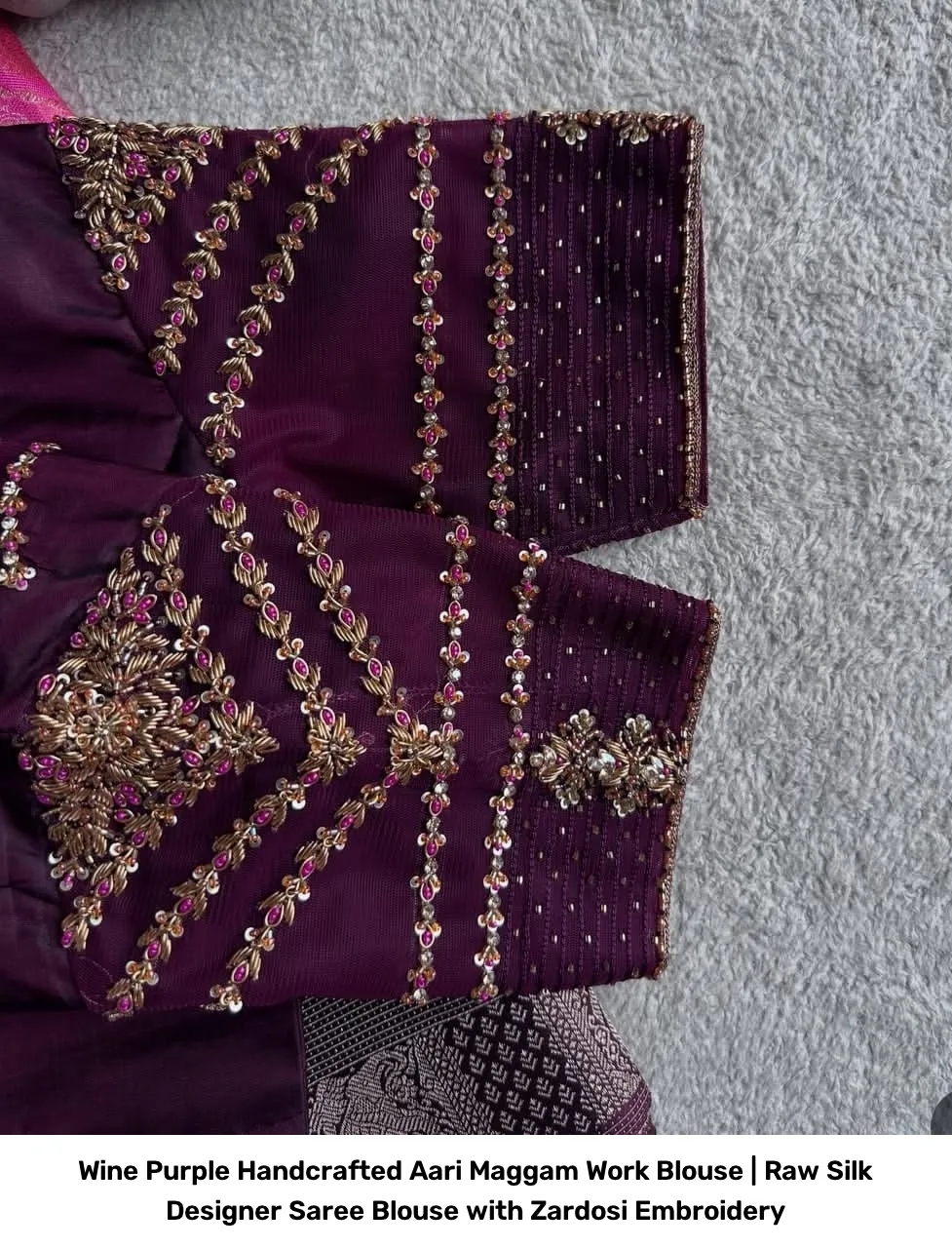 Wine Purple Handcrafted Aari Maggam Work Blouse | Raw Silk Designer Saree Blouse with Zardosi Embroidery 3
