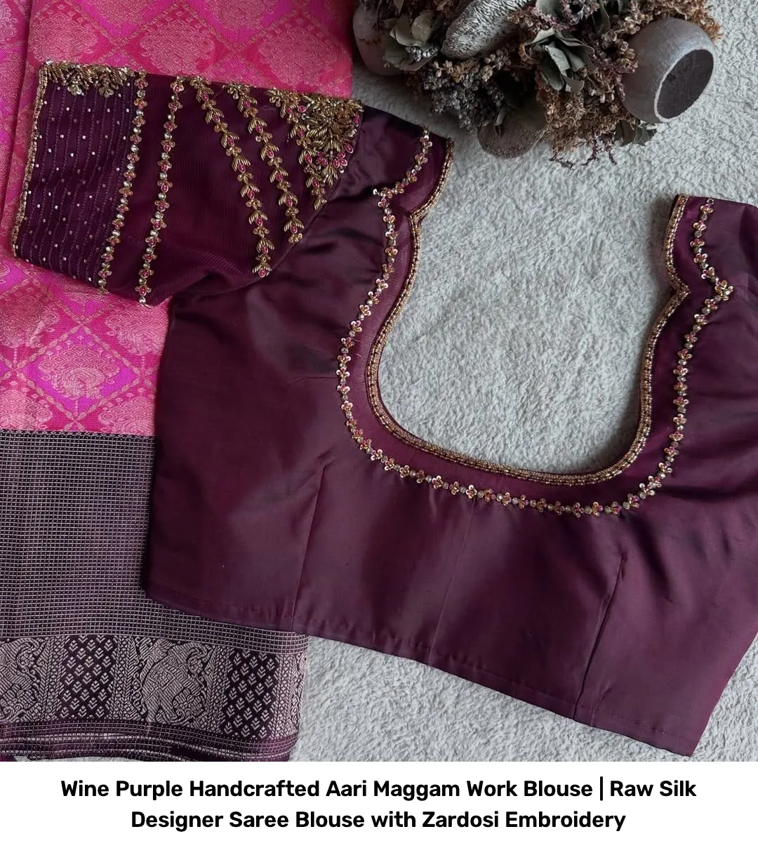 Wine Purple Handcrafted Aari Maggam Work Blouse | Raw Silk Designer Saree Blouse with Zardosi Embroidery 4
