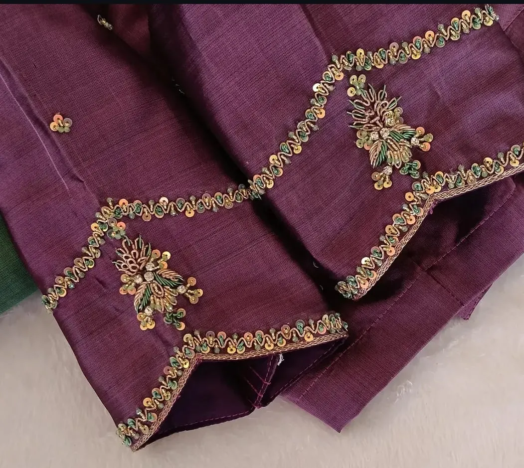 Wine Purple Raw Silk Embroidered Saree Blouse | Readymade Cut-Out Back Zari Work Choli with Elbow Sleeves