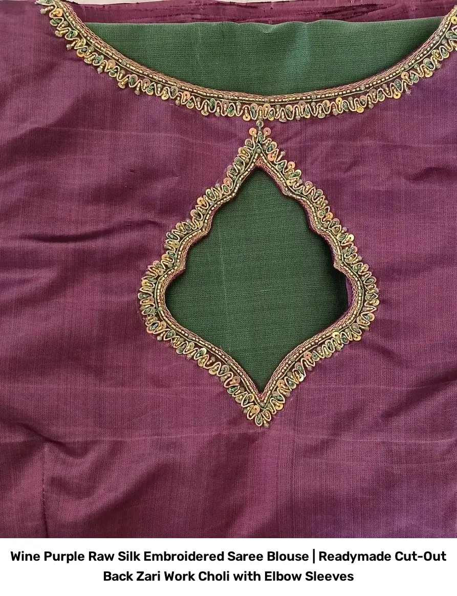 Wine Purple Raw Silk Embroidered Saree Blouse | Readymade Cut-Out Back Zari Work Choli with Elbow Sleeves 3