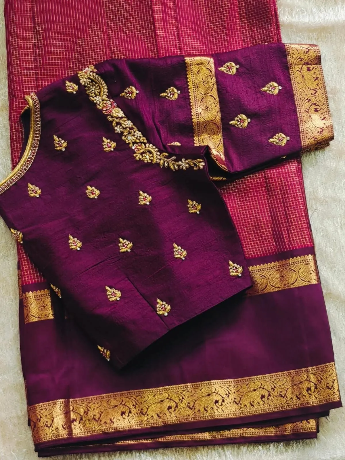 Wine Purple Raw Silk Readymade Bridal Blouse with Asymmetric Zardozi Floral Neckline, Gold Zari Border & Scattered Buttis | Designer Wedding Saree Blouse