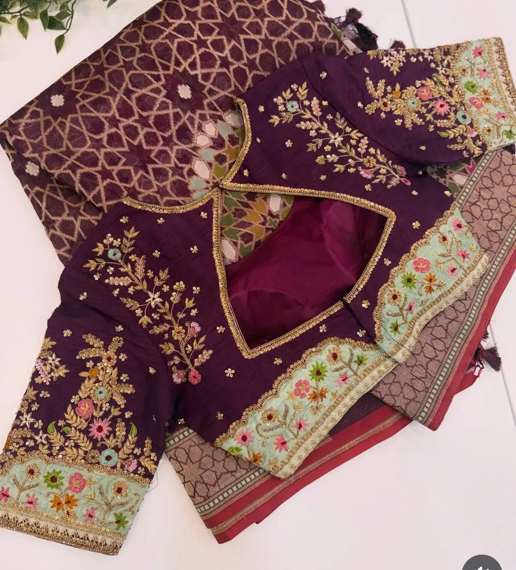 Wine Purple Raw Silk Saree Blouse – Floral Threadwork & Contrast Mint Green Scalloped Border Maggam Work Blouse