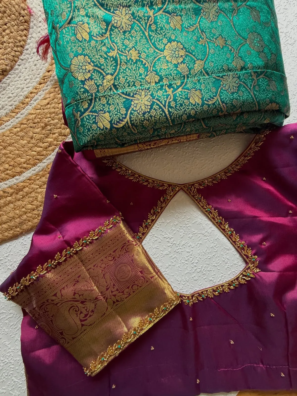 Wine Purple Silk Readymade Bridal Blouse with Diamond Cutout Back, Kanjivaram Gold Zari Border & Zardozi Handwork | Designer Saree Blouse