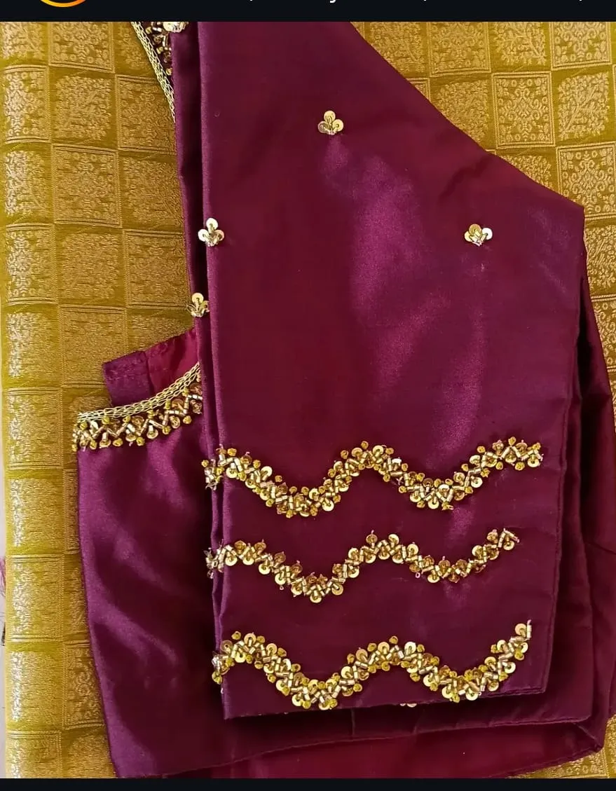 Wine Purple Silk Saree Blouse with Gold Zig Zag Hand Embroidery | Readymade / Custom Stitched Party Wear Blouse 1