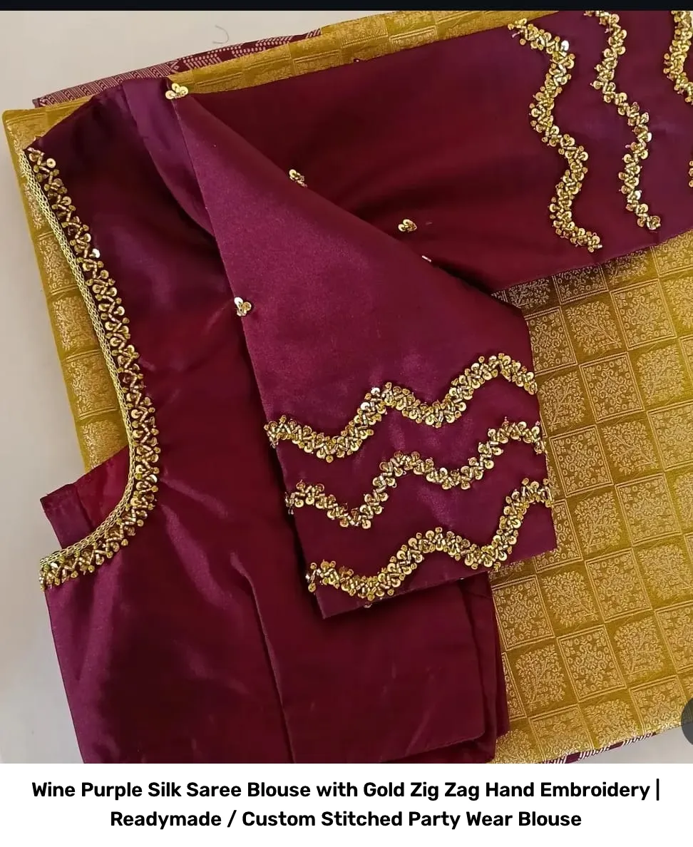 Wine Purple Silk Saree Blouse with Gold Zig Zag Hand Embroidery | Readymade / Custom Stitched Party Wear Blouse 2