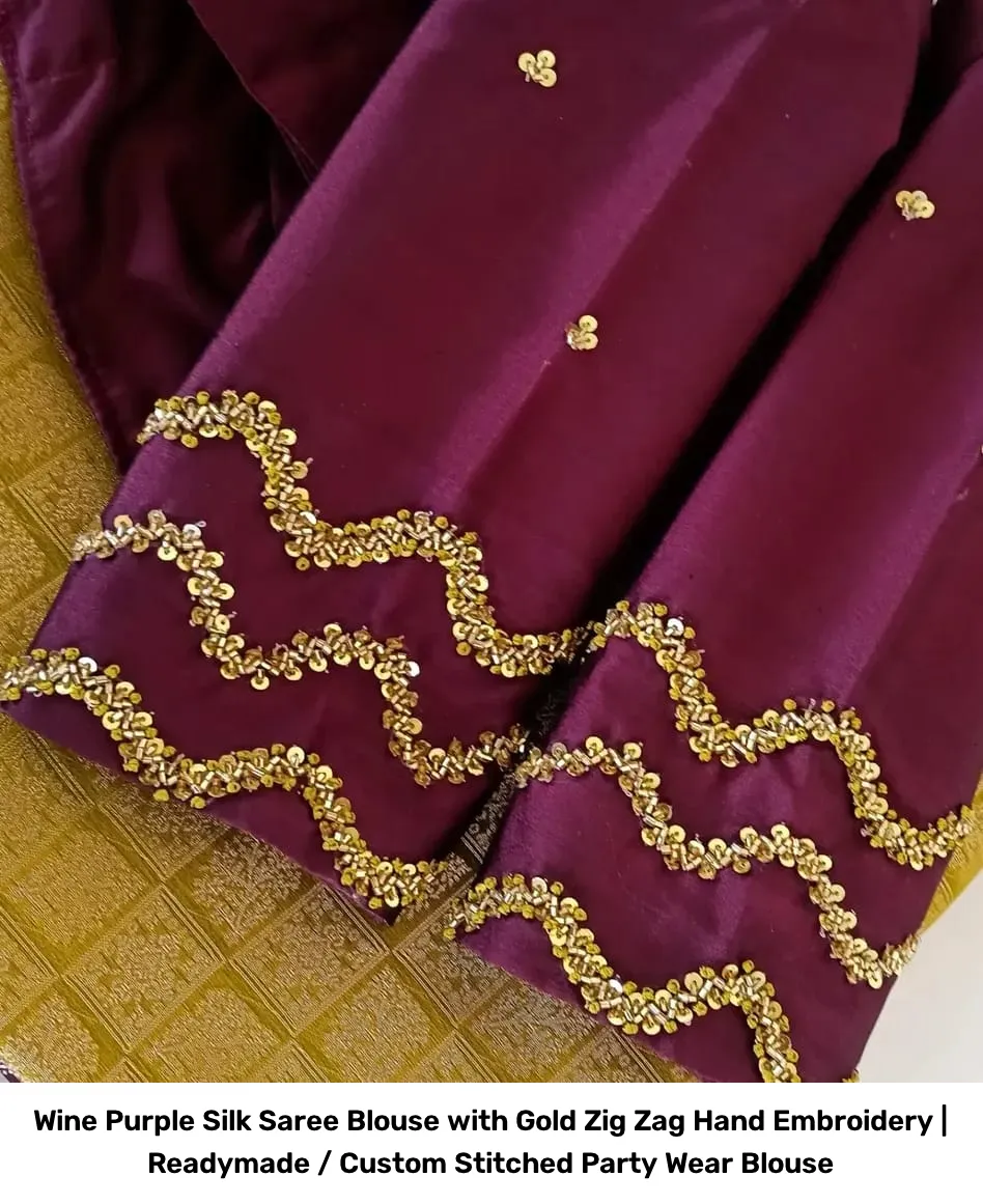 Wine Purple Silk Saree Blouse with Gold Zig Zag Hand Embroidery | Readymade / Custom Stitched Party Wear Blouse 3