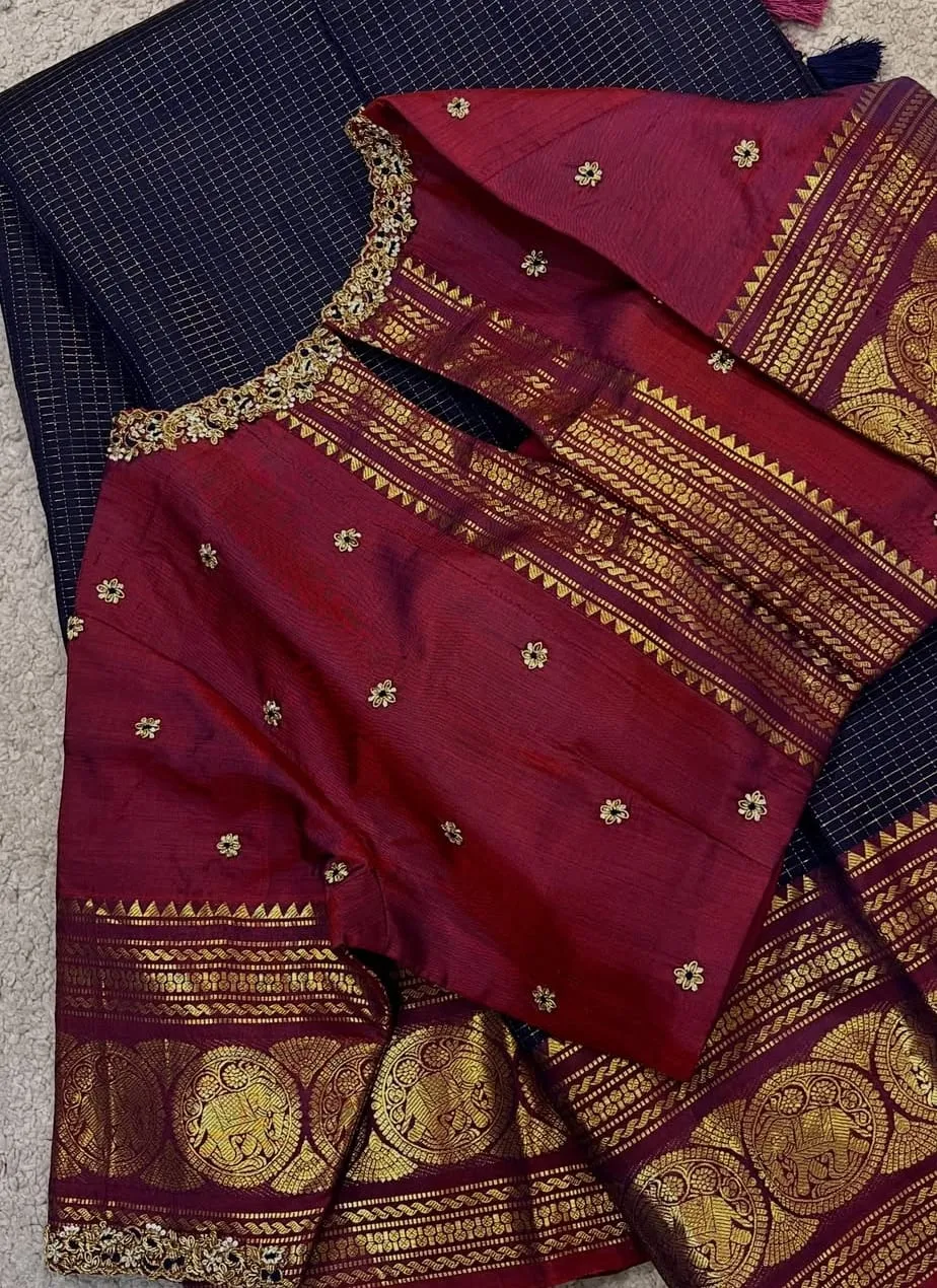 Wine Raw Silk Embroidered Blouse | Handcrafted Bead Work Neck & Bootis