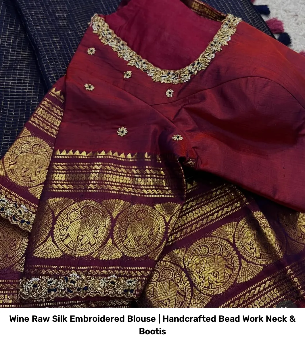 Wine Raw Silk Embroidered Blouse | Handcrafted Bead Work Neck & Bootis 2