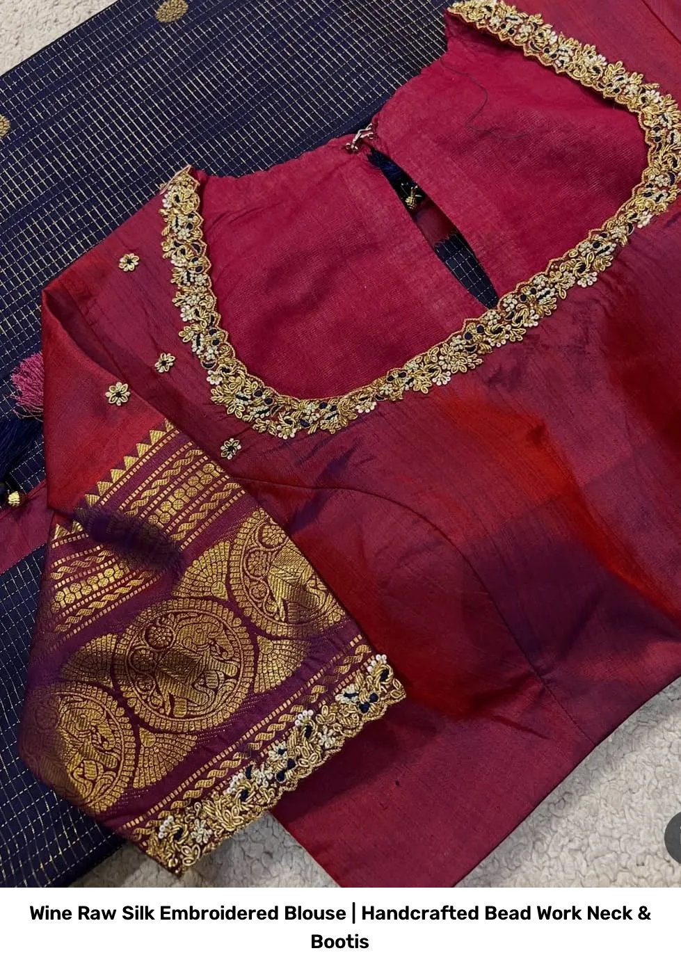 Wine Raw Silk Embroidered Blouse | Handcrafted Bead Work Neck & Bootis 3