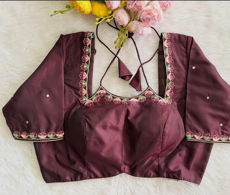 Wine Silk Designer Blouse with Square Neck & Floral Embroidery | Buy Readymade Blouses Online
