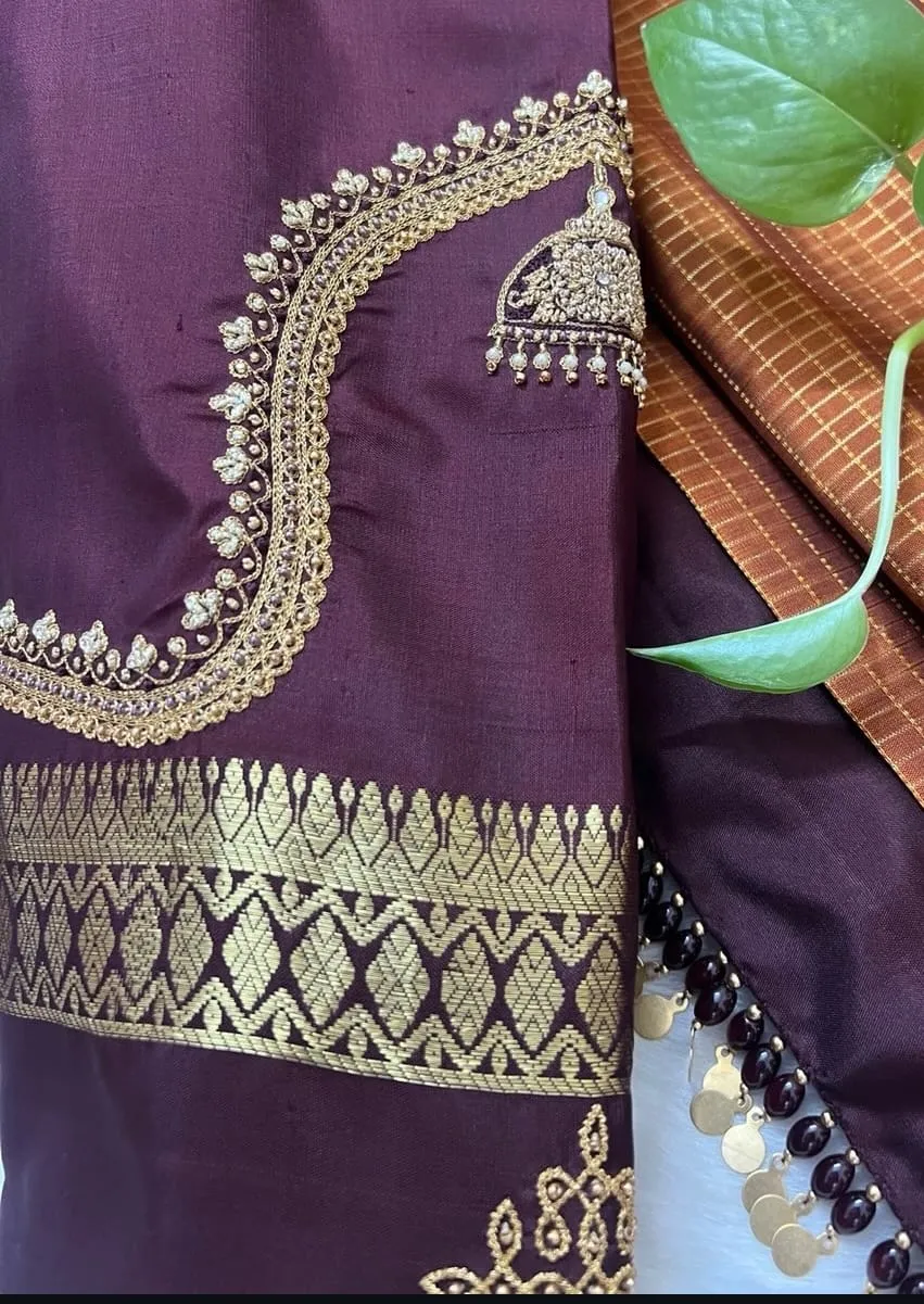 Wine Silk Maggam Work Blouse with Jhumka Motif & Coin Tassels