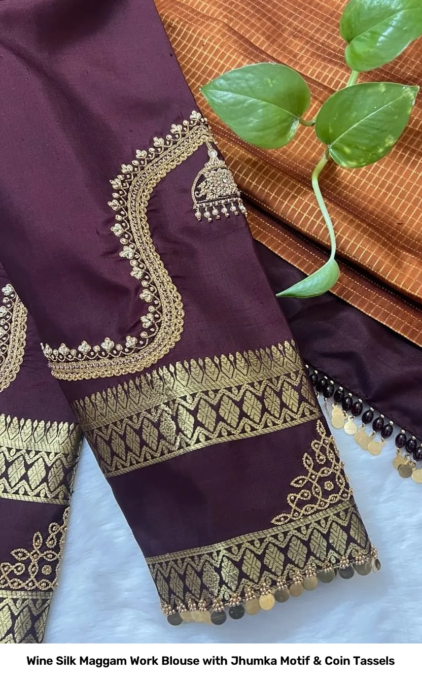 Wine Silk Maggam Work Blouse with Jhumka Motif & Coin Tassels 2